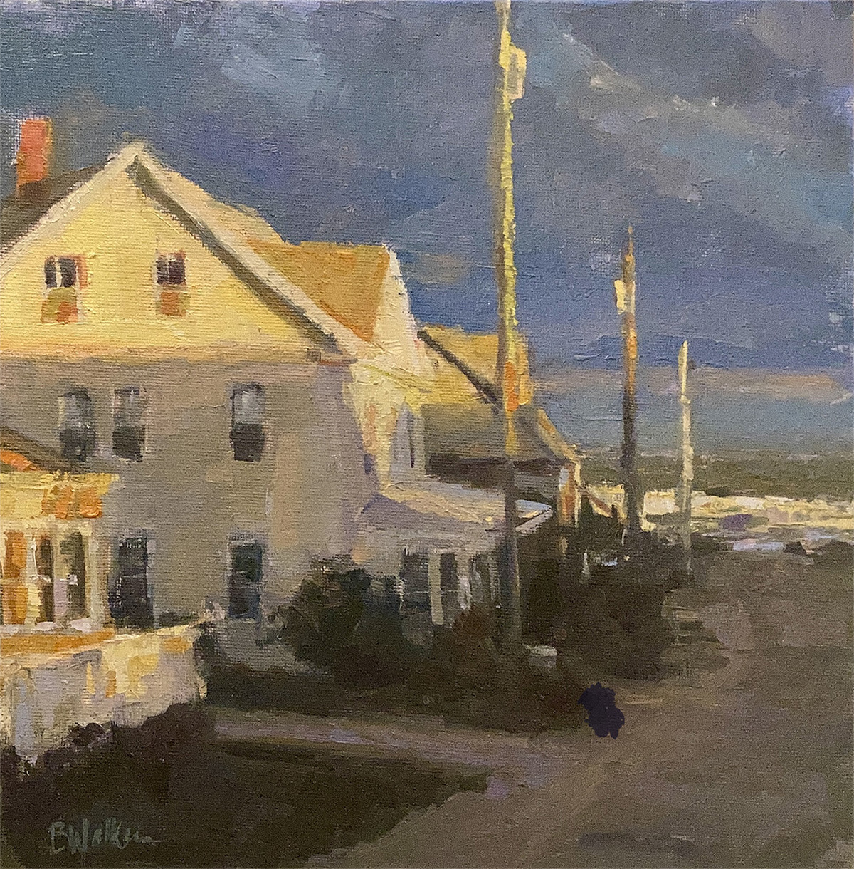 oil painting of tan house, by a walkway, blue sunset sky