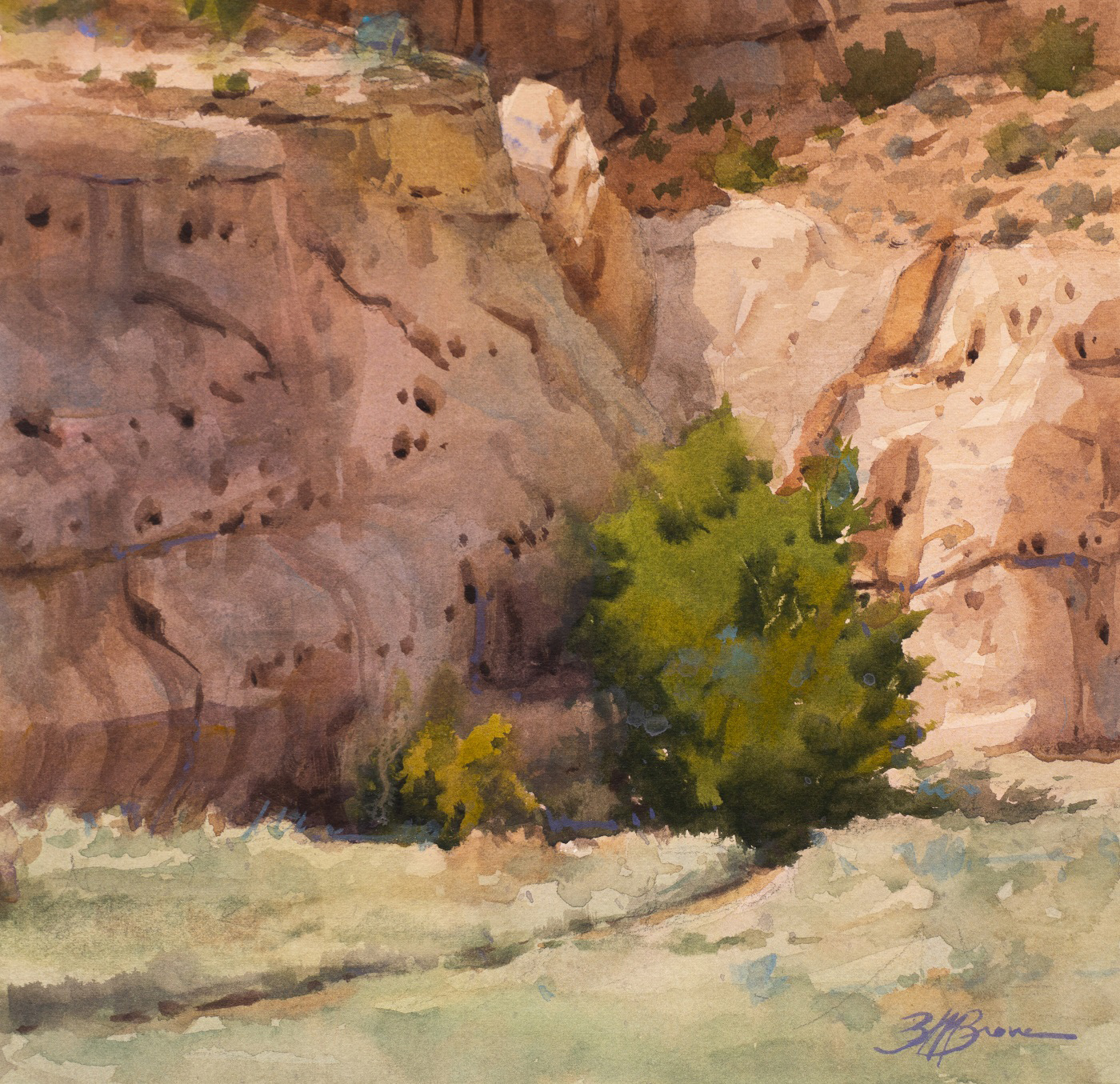 watercolor painting of head on view of mountains desert rocks with winding path leading into the tree in the center