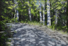 oil painting of shadow path covered with trees