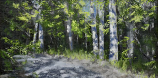 oil painting of shadow path covered with trees