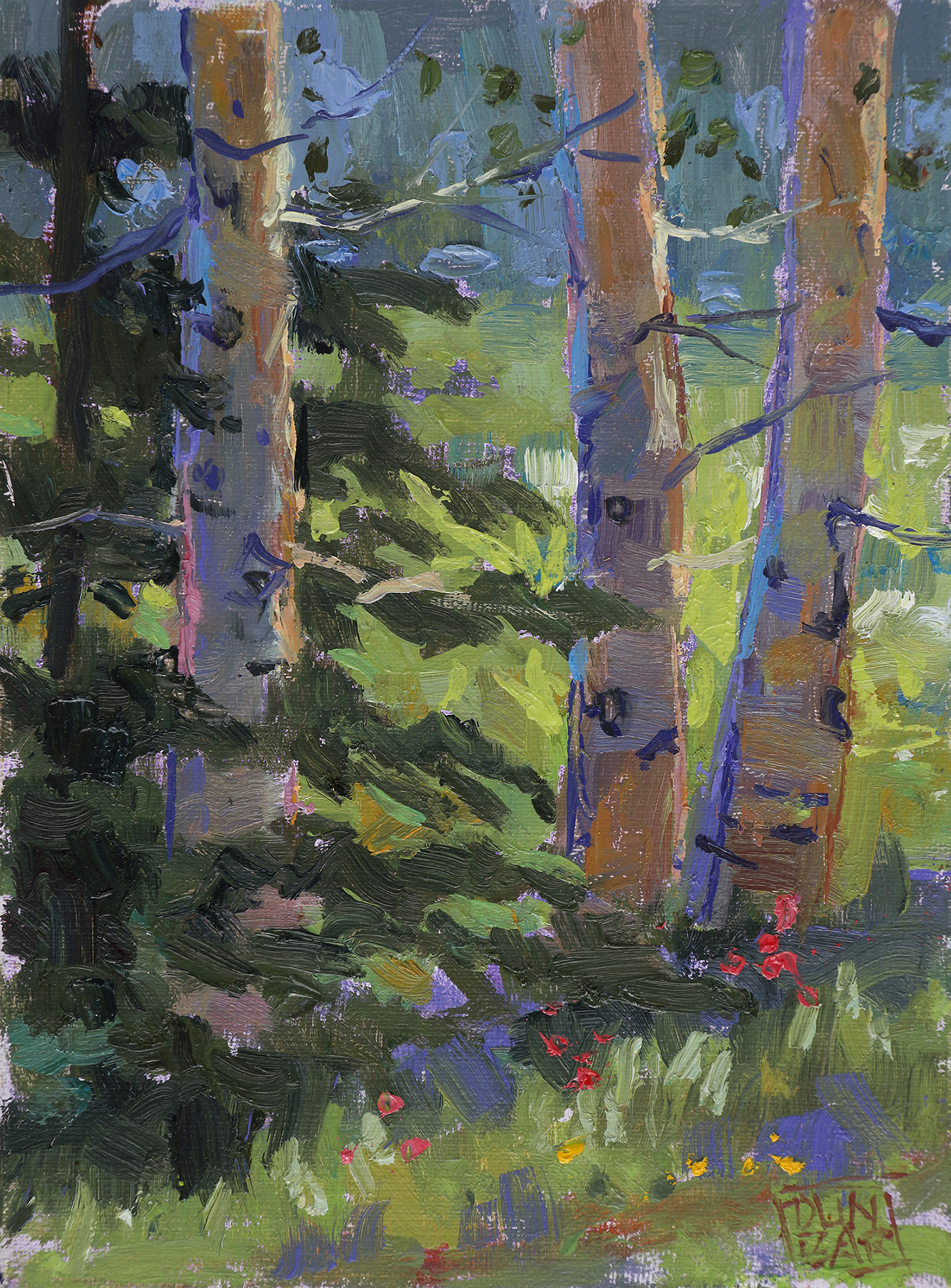 oil painting of 3 trees through a forest 