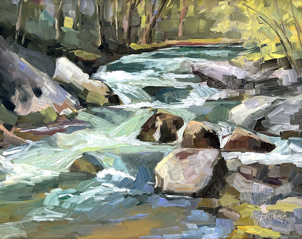 oil painting of small downstream river flow during the day