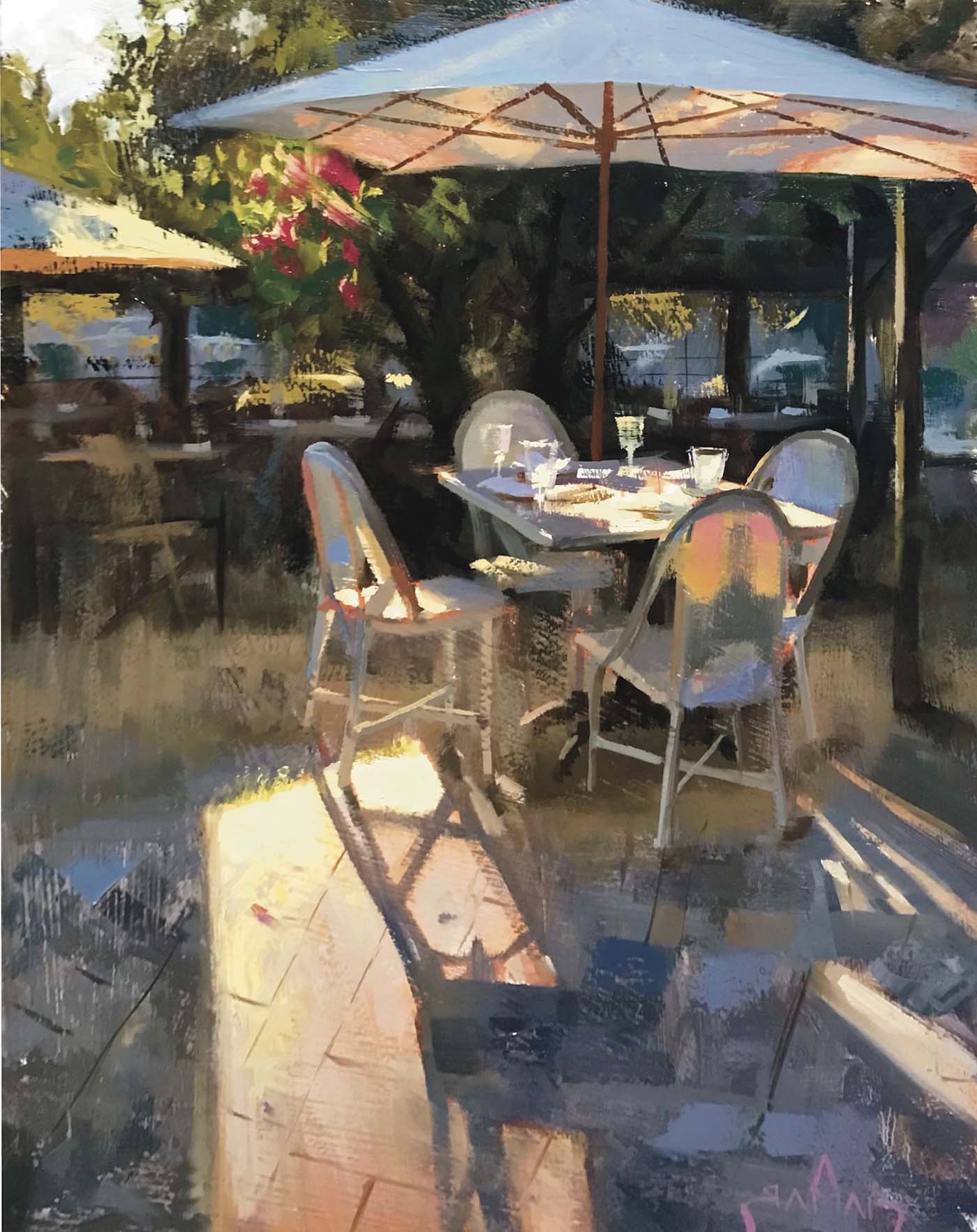 oil painting of outdoor restaurant seating with strong light shining on one table