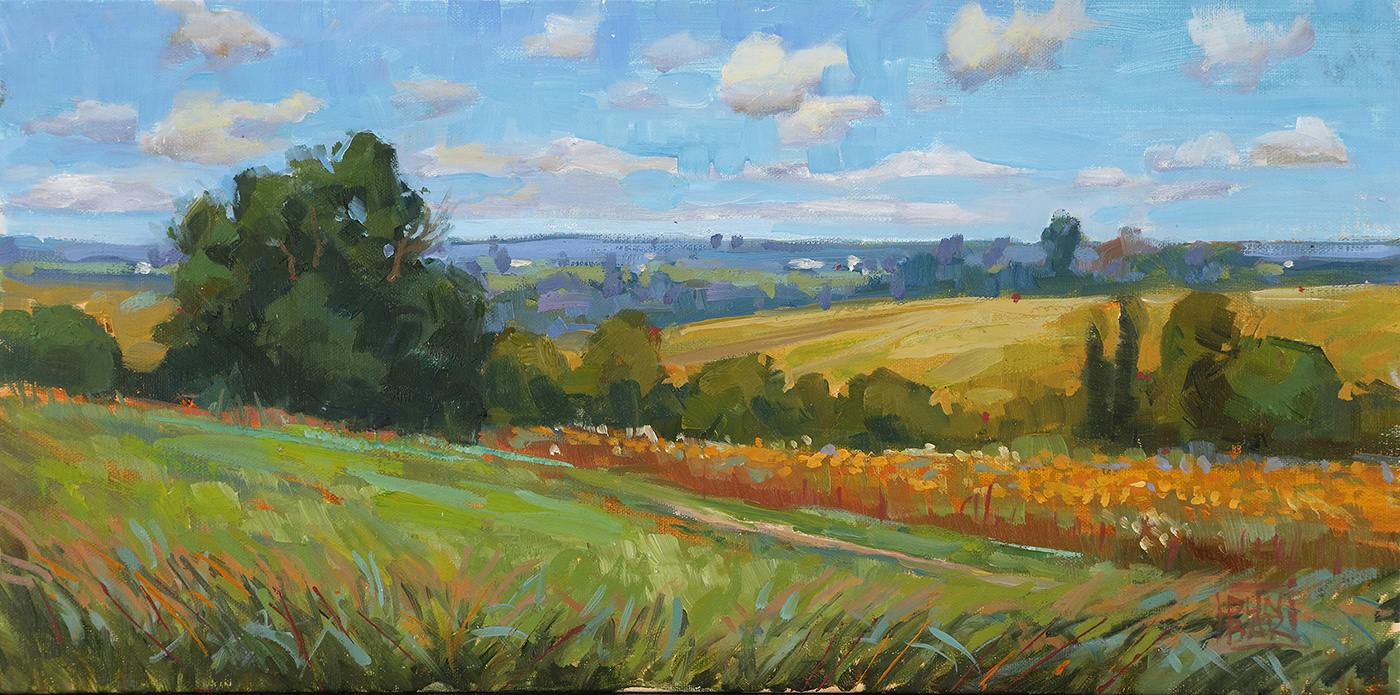 oil painting of field during the day, with different plains through the hills