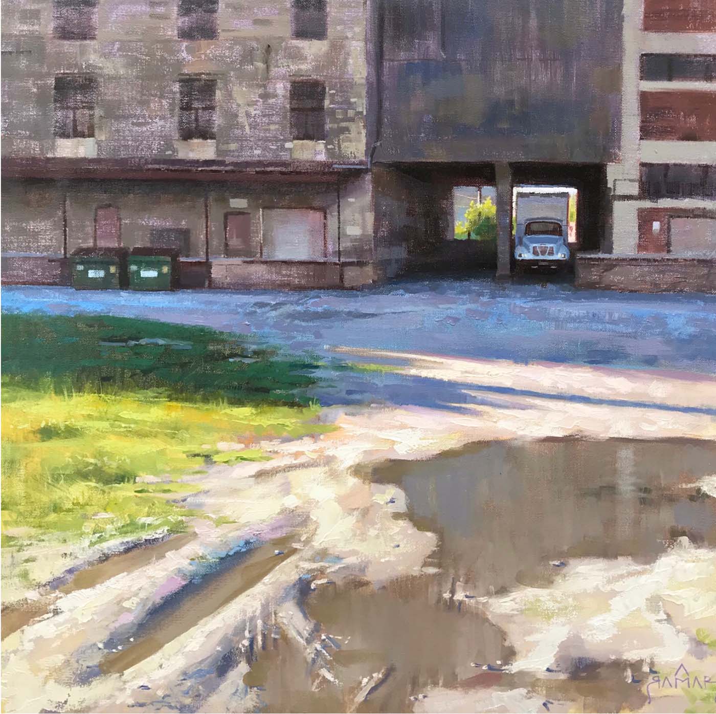 oil painting of building in shadow with puddle on road and grass on the left