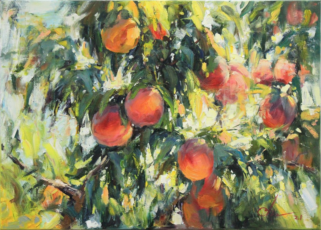 Serhii Cherniakovskyi, "Peaches," oil, 19.6 x 27.5 in.