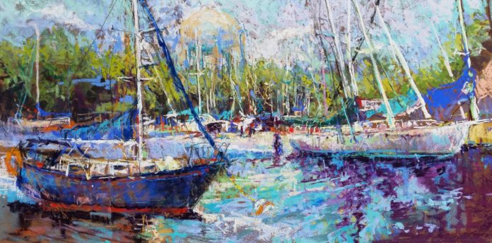 pastel impressionism 1. MMarino_Morning at Back Creek-Eastport_pastel_12x24 pastel impressionism painting of boats