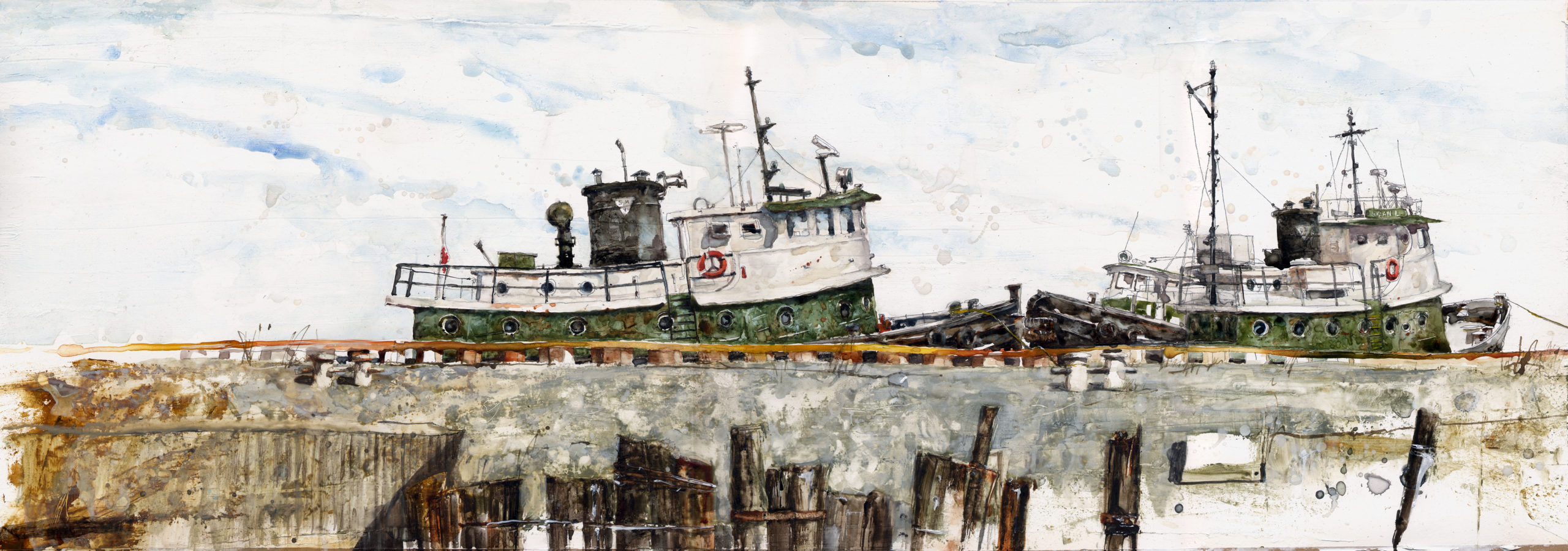 Mat Barber Kennedy, "Green Tugs at Sturgeon Bay," 2016, mixed water-based media, 10 x 25 in., Collection the artist, Studio based on plein air studies