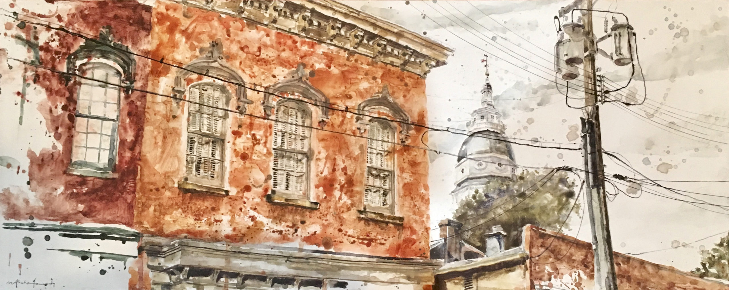 plein air watercolor painting - Mat Barber Kennedy, "State House on Conduit," 2018, watercolor, 12 x 30 in., Private collection, Plein air