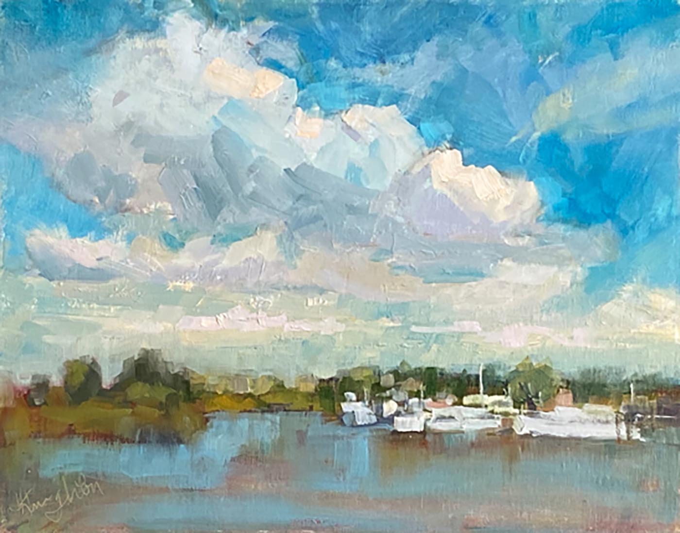 oil painting of bright day, overlooking ocean with boats 