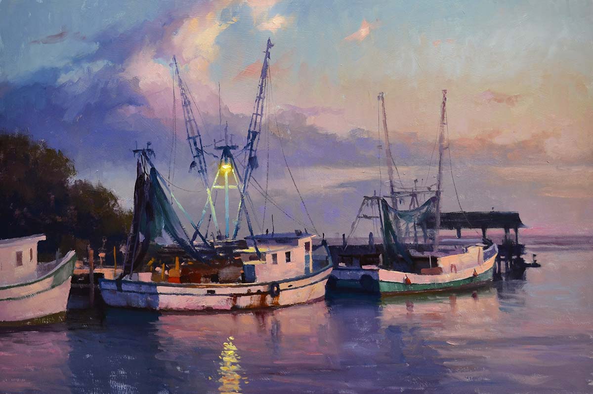 oil painting of sunset with fishing boats at doc