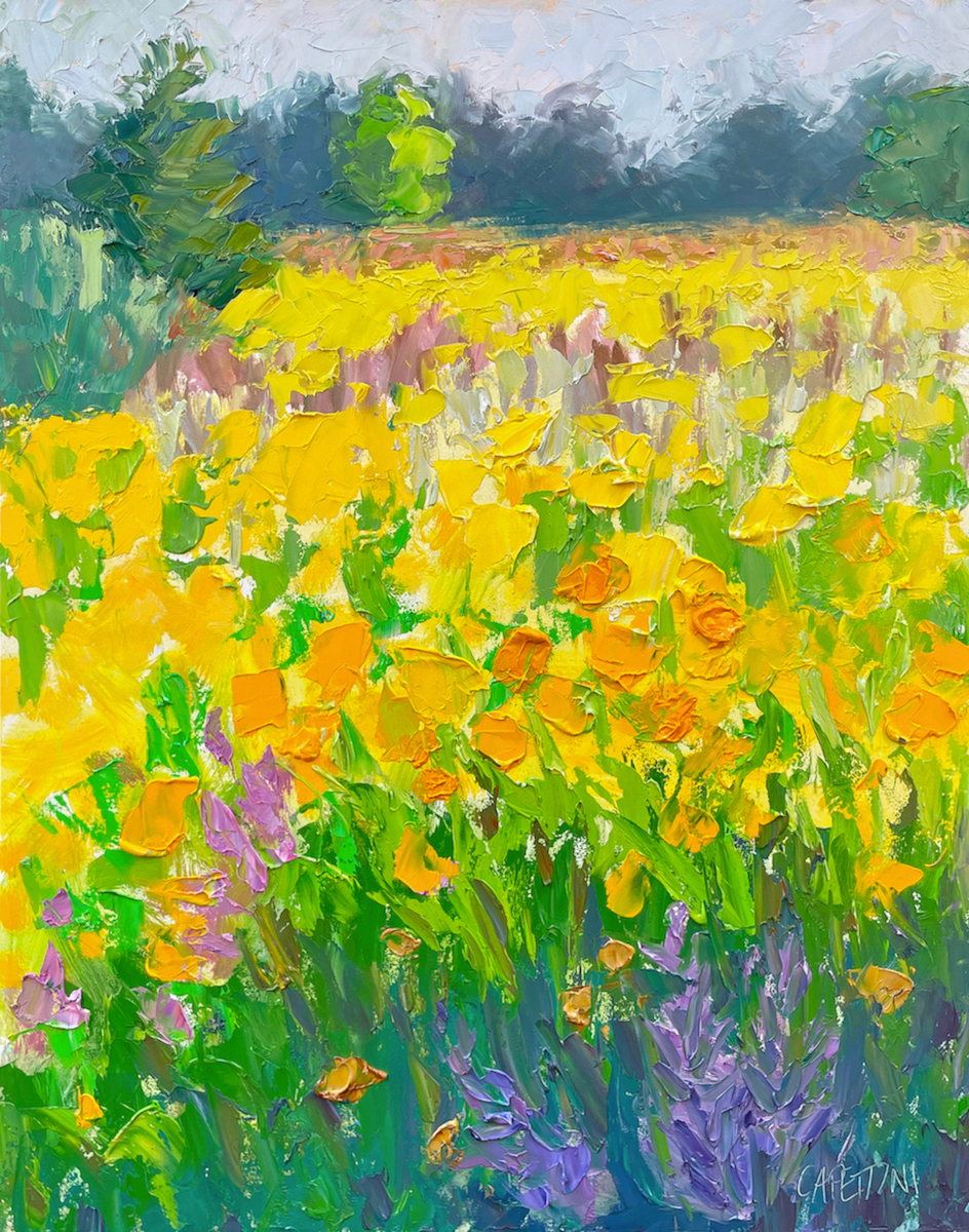 Golden Sea of Summer, 14”x11” oil on board ©2022 Maggie Capettini, painted with a limited supply of napkins and paper towels at The Morton Arboretum. Photo credit the artist