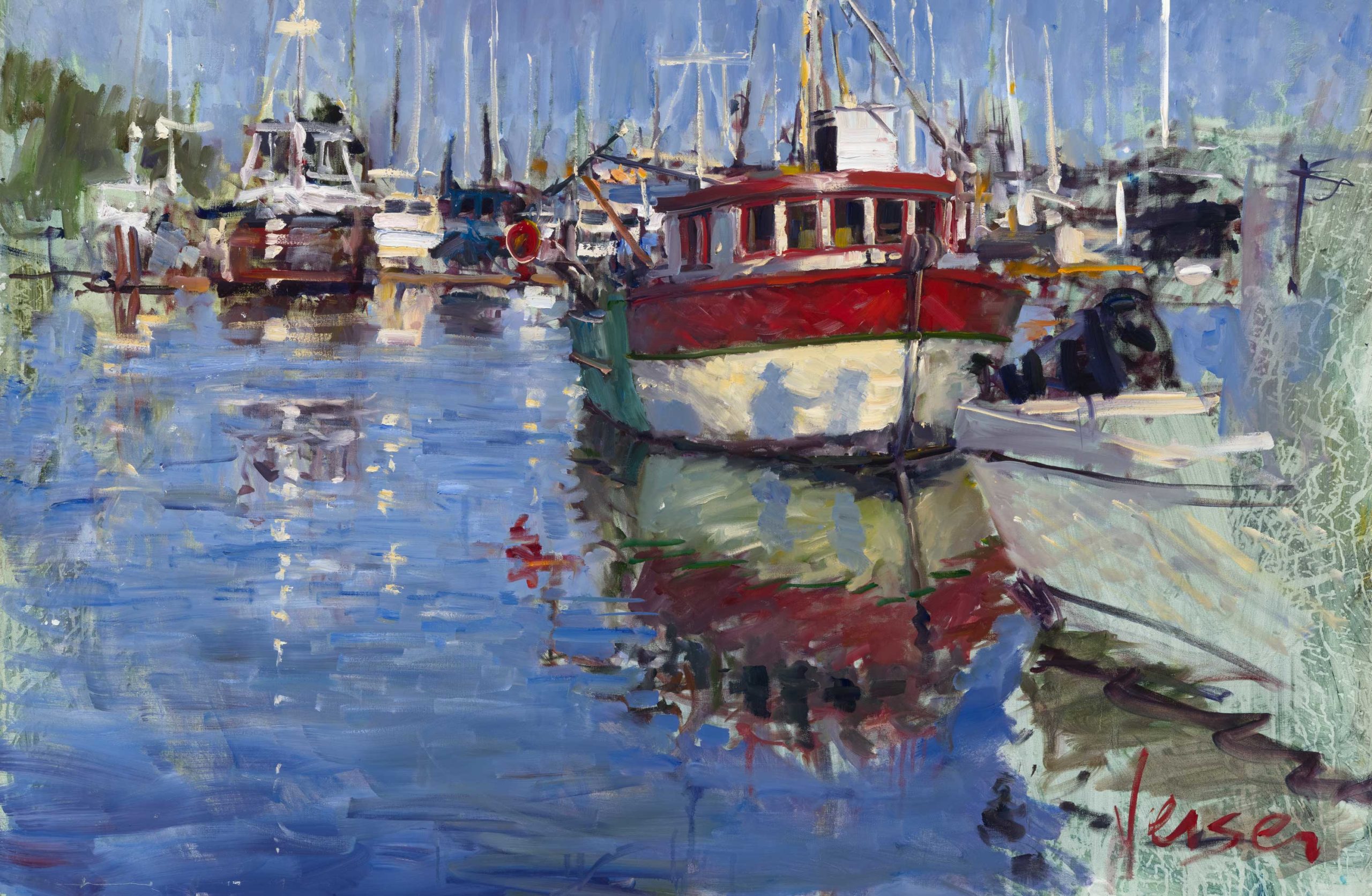 Ryan Jensen, "Red Boat," 2018, oil, 40 x 60 in., Collection the artist, Plein air