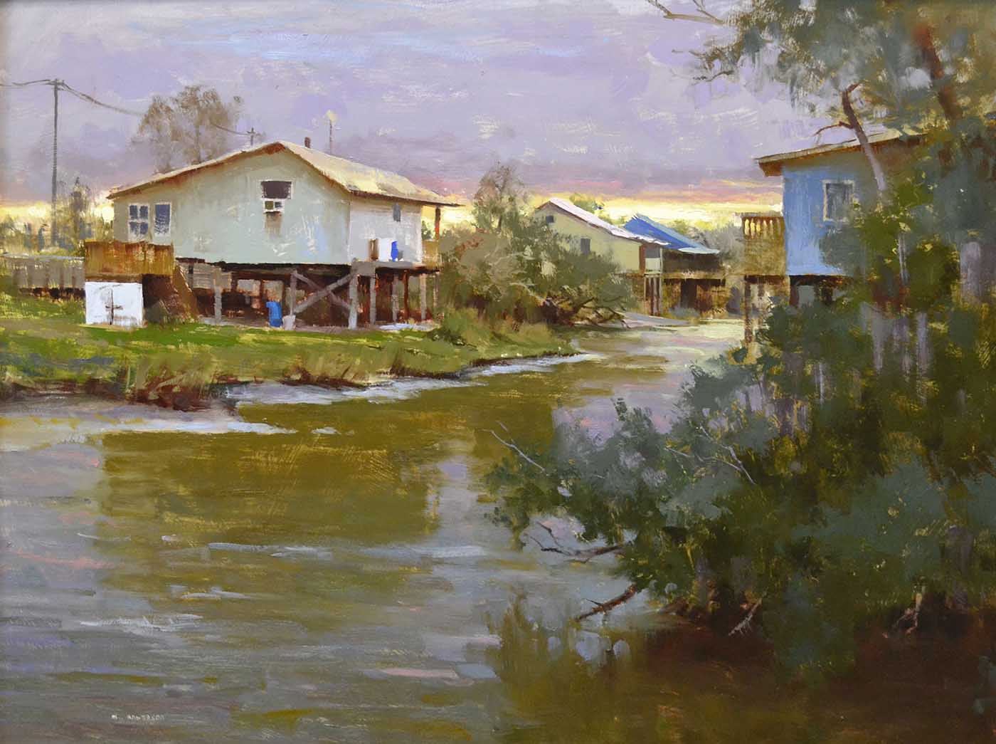oil painting of house along riverside with trees on the right