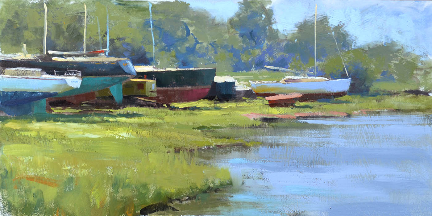 oil painting of marsh with boats