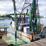 Featured Artwork: Tina Bohlman watercolor painting of a boat at doc. View from behind the boat with a green-blue sail, rust on the left side