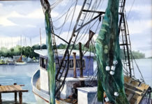 watercolor painting of a boat at doc. View from behind the boat with a green-blue sail, rust on the left side
