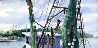 watercolor painting of a boat at doc. View from behind the boat with a green-blue sail, rust on the left side