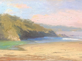 oil painting of coastal seascape with hill on left side of canvas