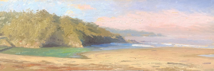 oil painting of coastal seascape with hill on left side of canvas