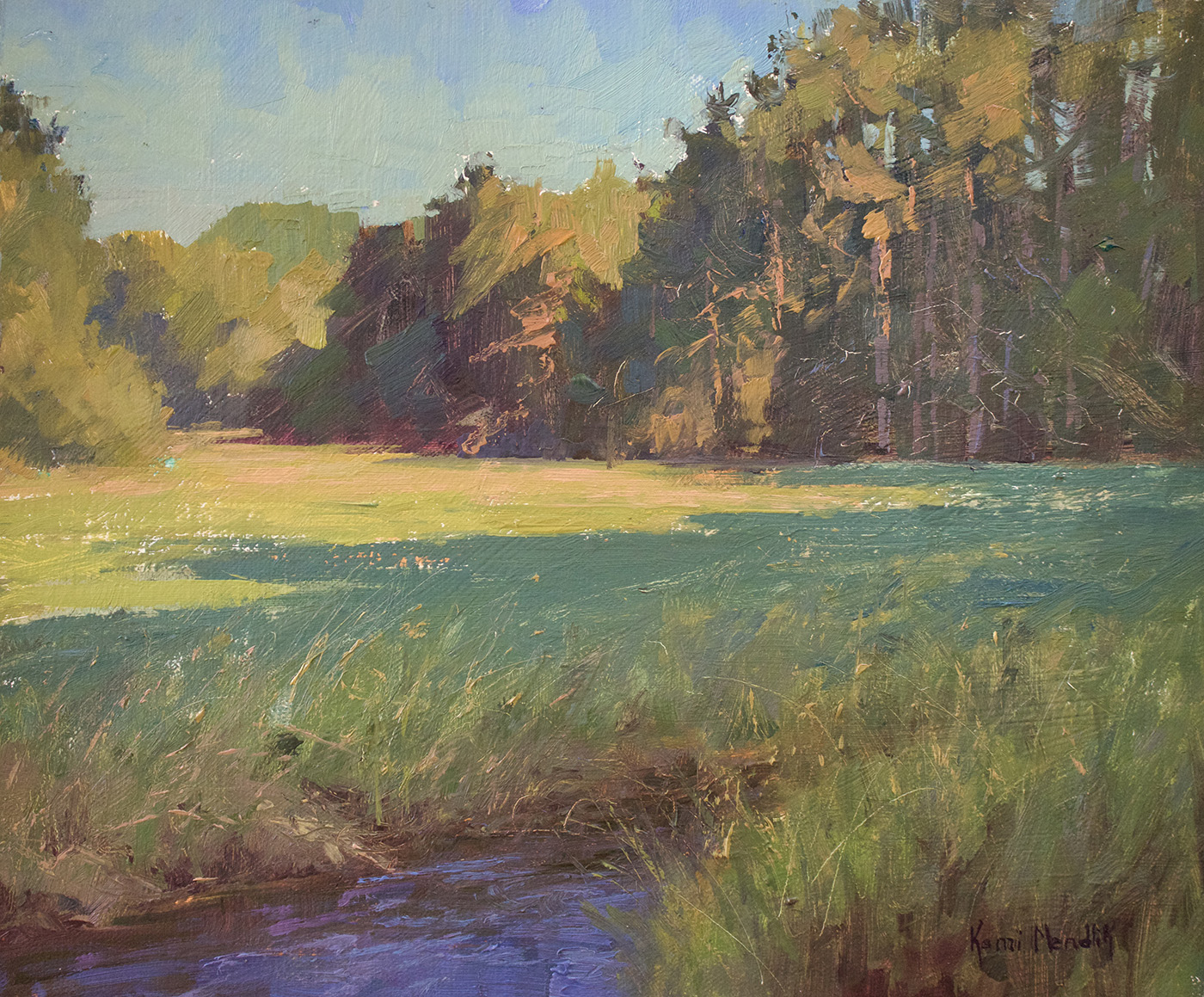 oil painting of field with slip of river flowing through in the foreground