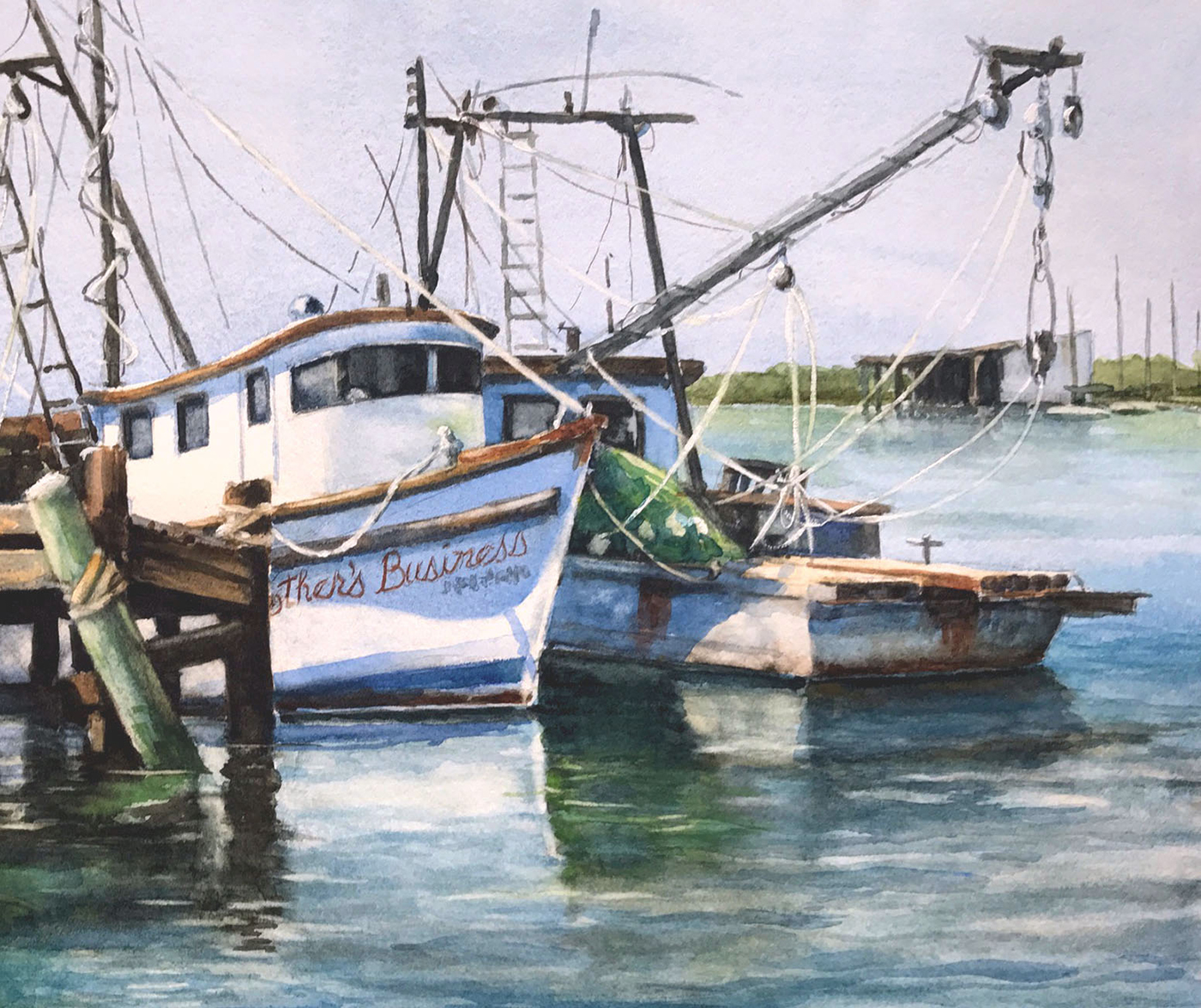 watercolor painting of a boat at doc, getting ready to set sail