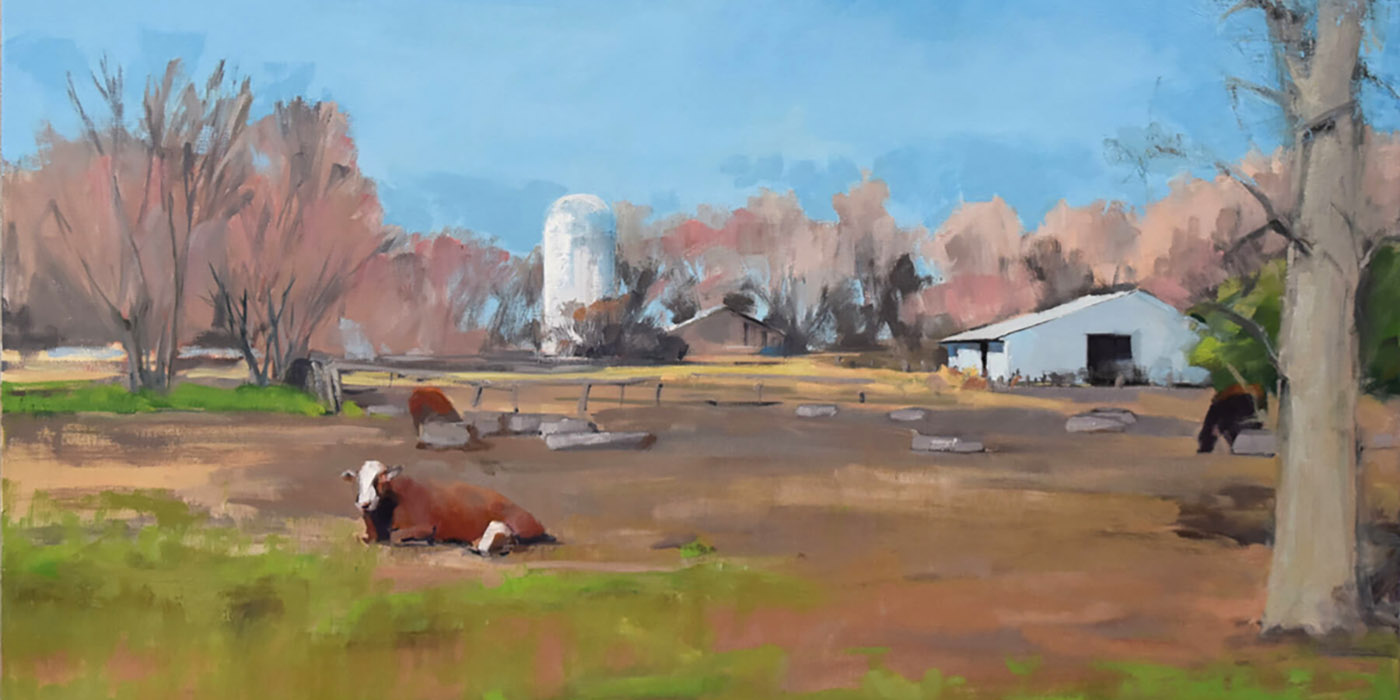 oil painting of farm with cows grazing 