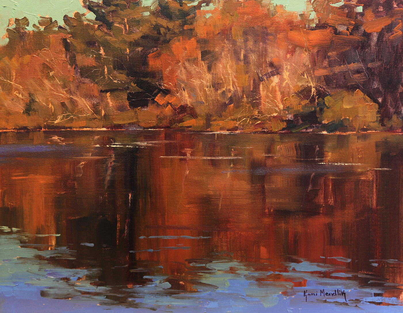 oil painting of fall colors on trees, reflecting in the water