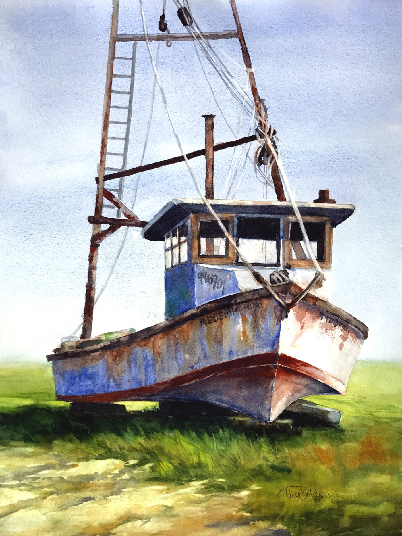 watercolor painting of a rusting boat ashore, in its resting position