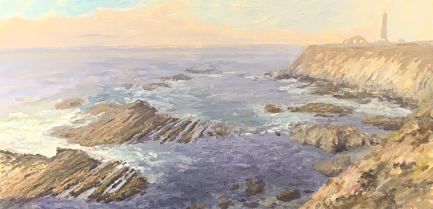 oil painting of coastal seascape with lighthouse in the distance