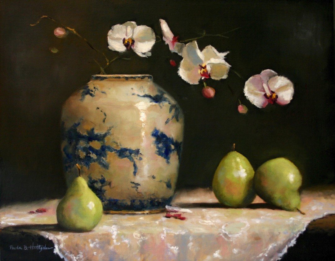 PleinAir Magazine's 12th Annual PleinAir Salon Awards September Honorable Mention Paula Holtzclaw Orchids and Pears Floral Honorable Mention