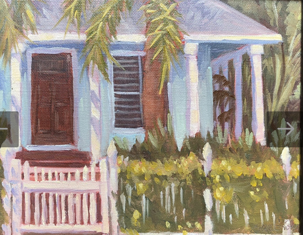 Sue Ginter, “Nancy’s Porch,” oil, 8 x 10 in., plein air. This is my first sale, aka “the little painting that could.”
