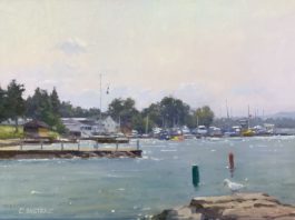 How Much Do You Want It? Painting Art - Carl Bretzke, “Yacht Club View,” oil on linen, 12 x 16 in., private collection