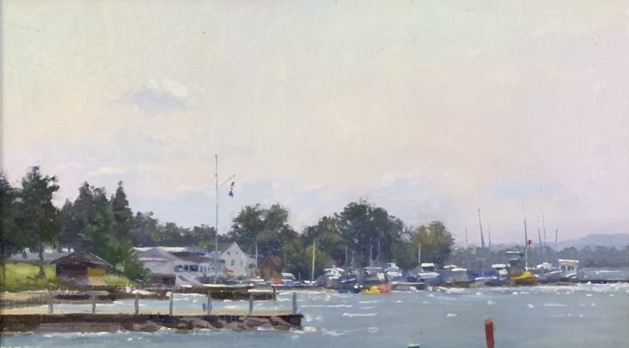 How Much Do You Want It? Painting Art - Carl Bretzke, “Yacht Club View,” oil on linen, 12 x 16 in., private collection