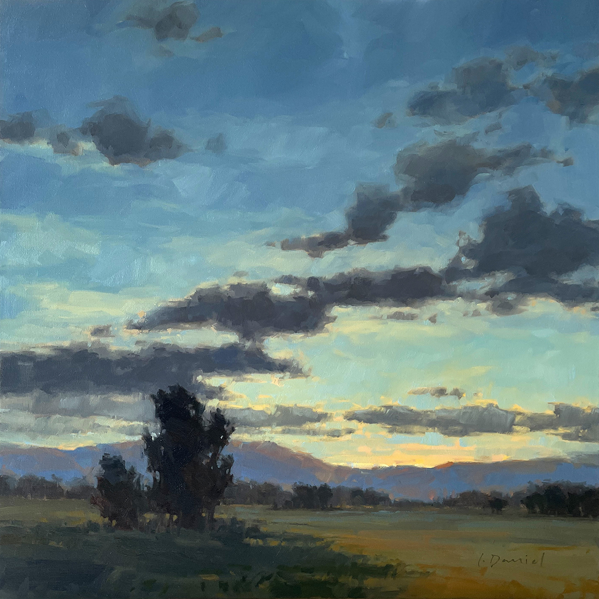 oil painting of sunset sky, almost at dark over a field with trees and mountains in the distance