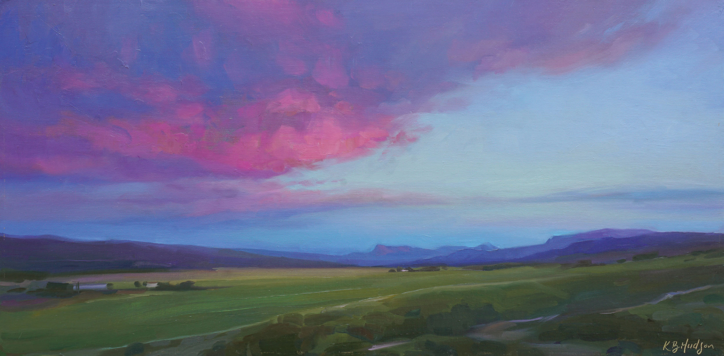 Kathleen Hudson, "Afterglow, East of Many Glacier," 2018, oil, 12 x 24 in., Collection the artist, Studio