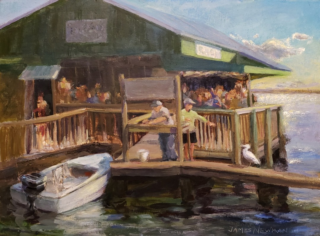 James Newman, "Happy Hour At The Riverside," acrylic, 12 x 16 in.