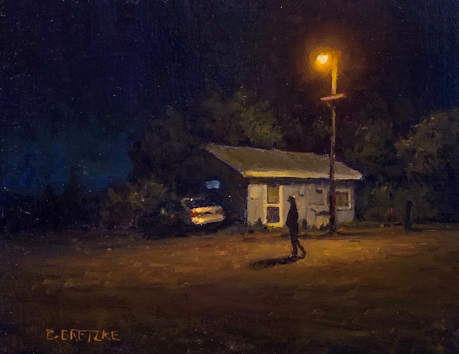Carl Bretzke, “Warm Light / Cold Night,” oil on linen, 9 x 12 in., private collection, plein air