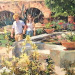 oil painting of a couple in white walking down a pathway with flowers arranged throughout