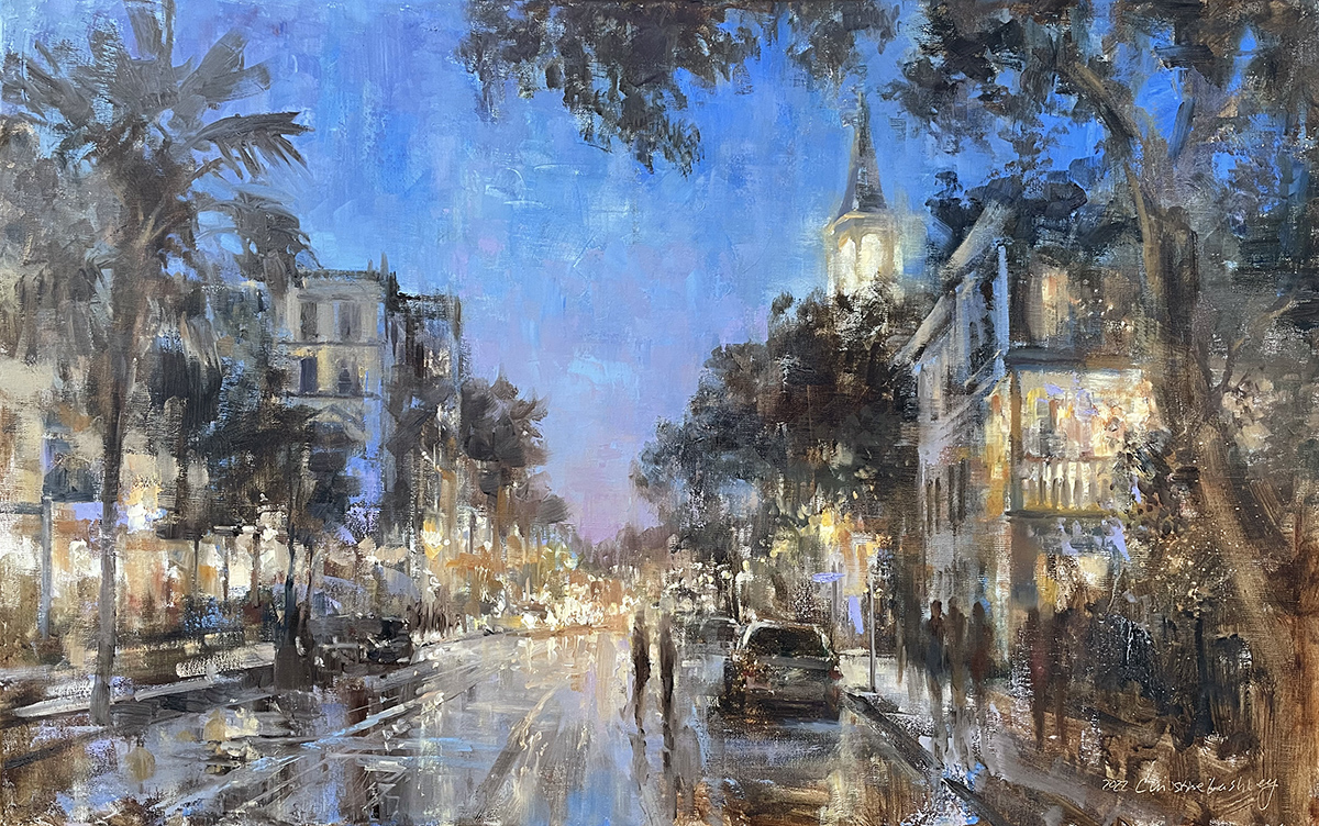 oil painting of street view of Charleston city at during late sunset