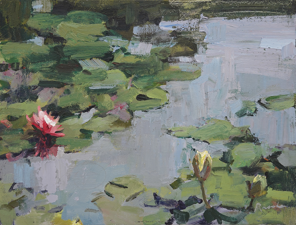 oil painting of water lilies from looking down