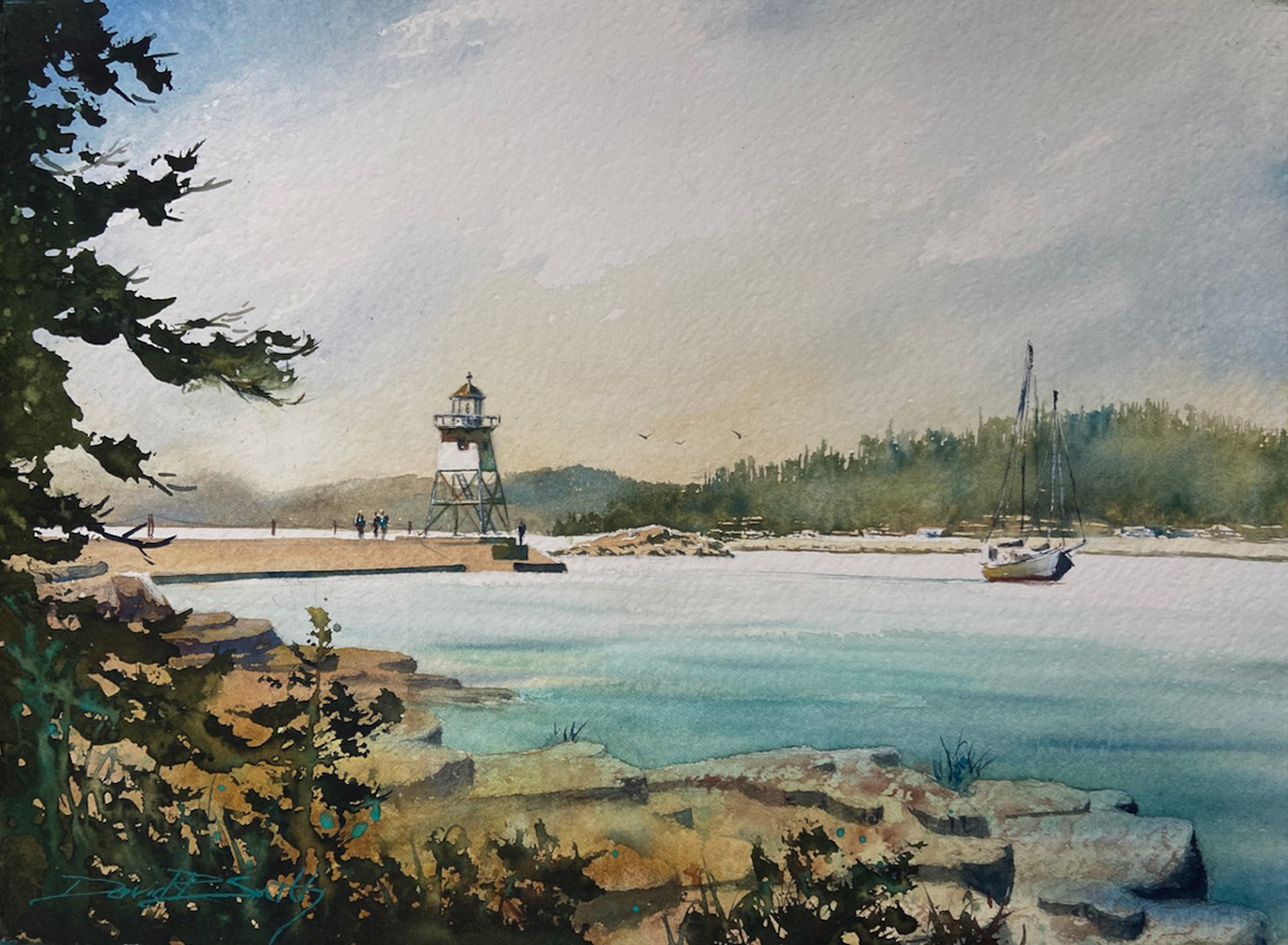 watercolor painting of water scene with lighthouse on the left and a boat sailing 