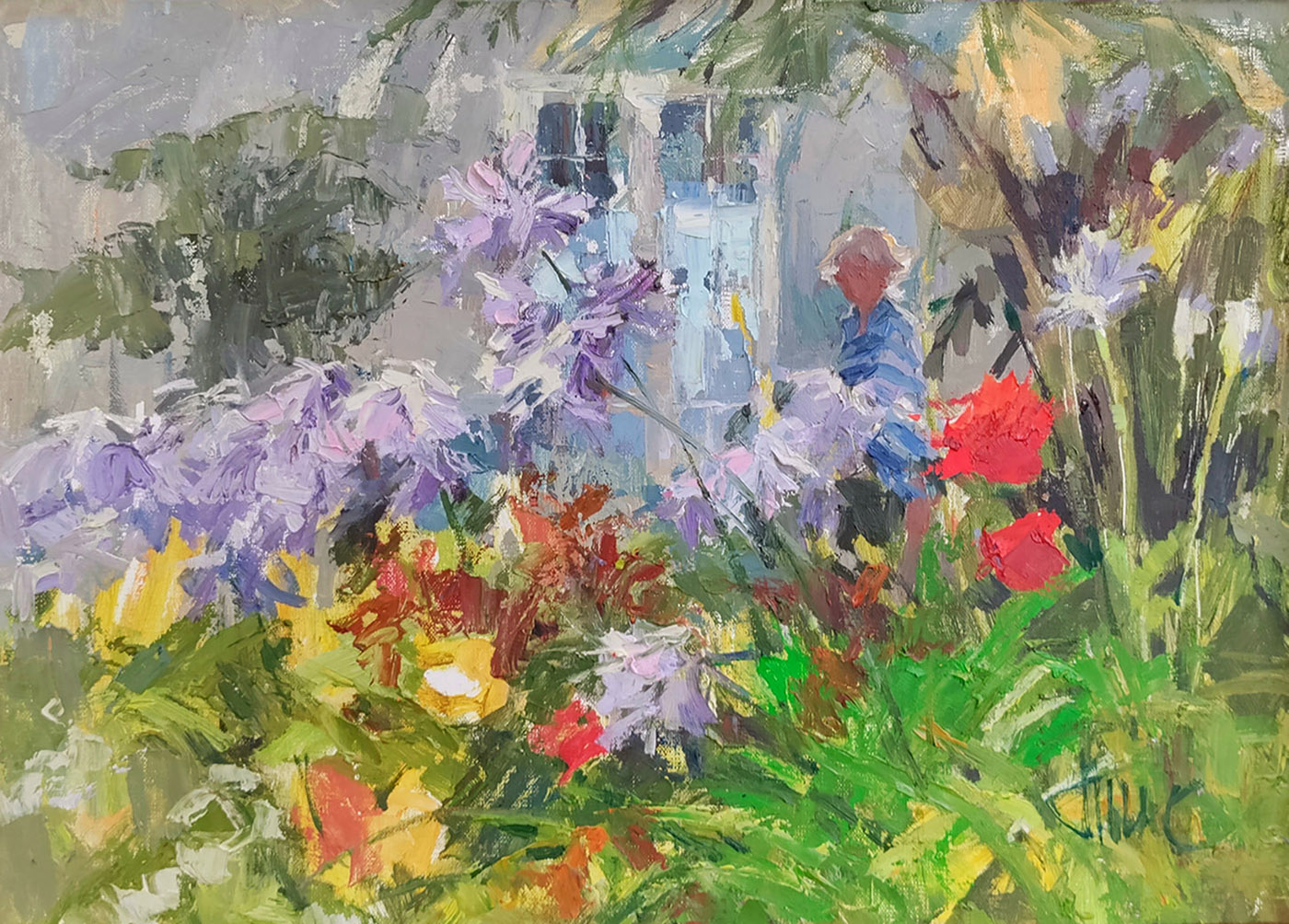 oil painting of flowers in the foreground with an impression of woman in the background walking in front of a house