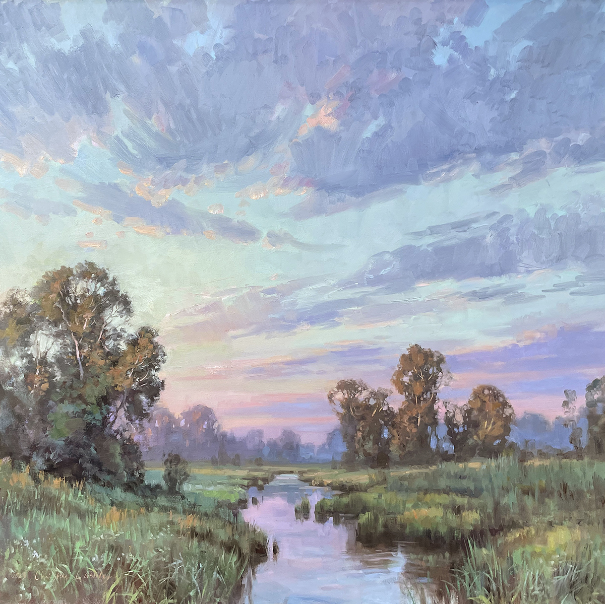 oil painting of riverbed surrounded with moss groves and trees, with sunset filled colored sky