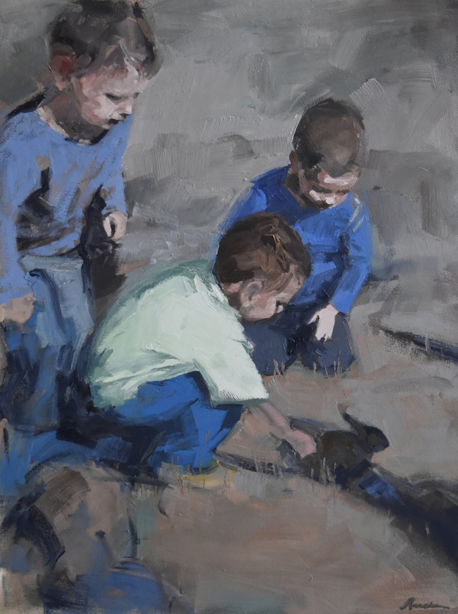 oil painting of 3 boys looking at the ground, playing