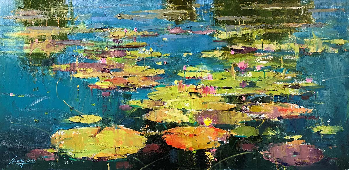 Painting of water lilies; some colorful, at ground level