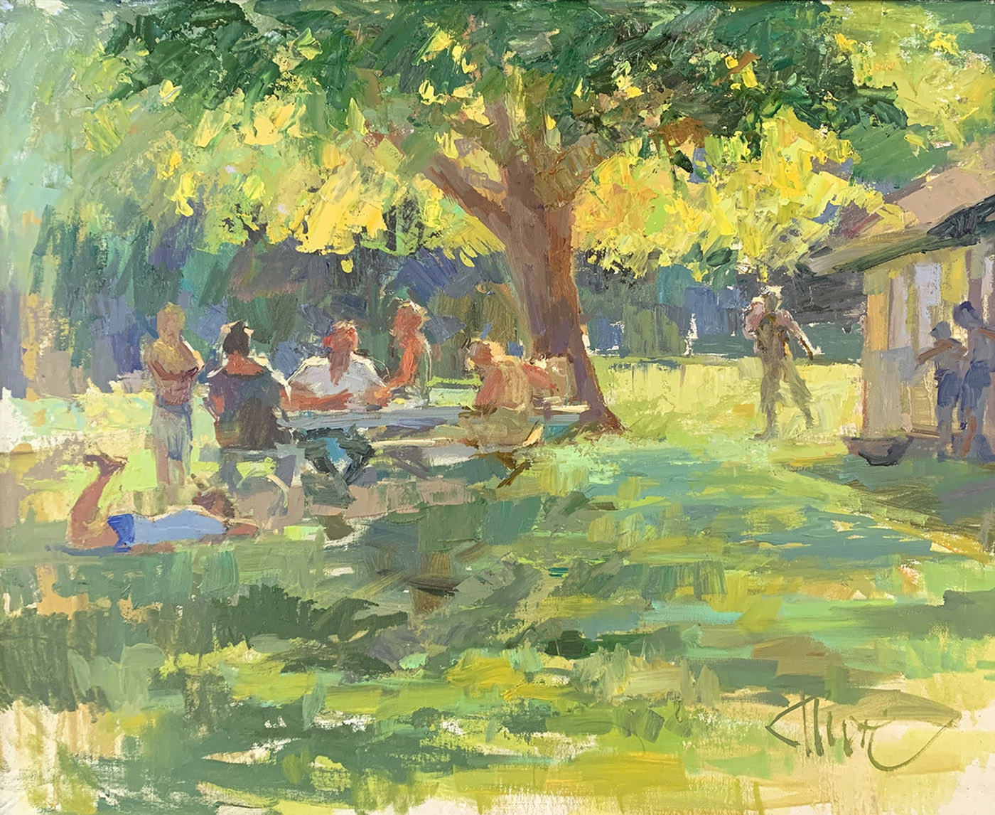 oil painting of people sitting in a park under a tree for shade