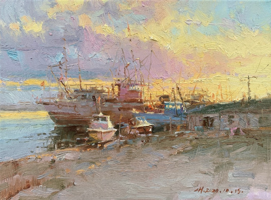 Hui Li, "Evening Wind of Fishing Port," oil, 12 x 16 in.