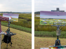 Left: Kip Bradley painting en plein air; Right: Kip's painting of the marsh