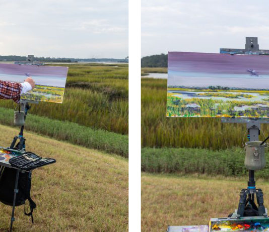 Left: Kip Bradley painting en plein air; Right: Kip's painting of the marsh